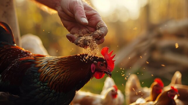 A farmer is feeding chickens on an organic farm at sunset