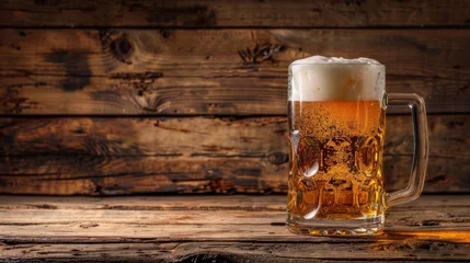 Foto op Canvas A glass of beer on a wooden table. © Sittipol 