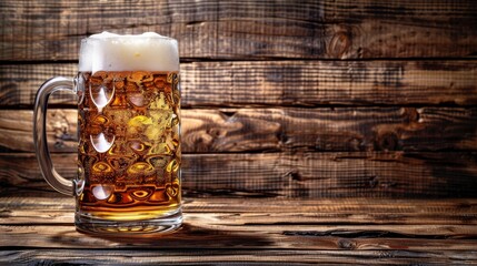A glass of beer on a wooden table.