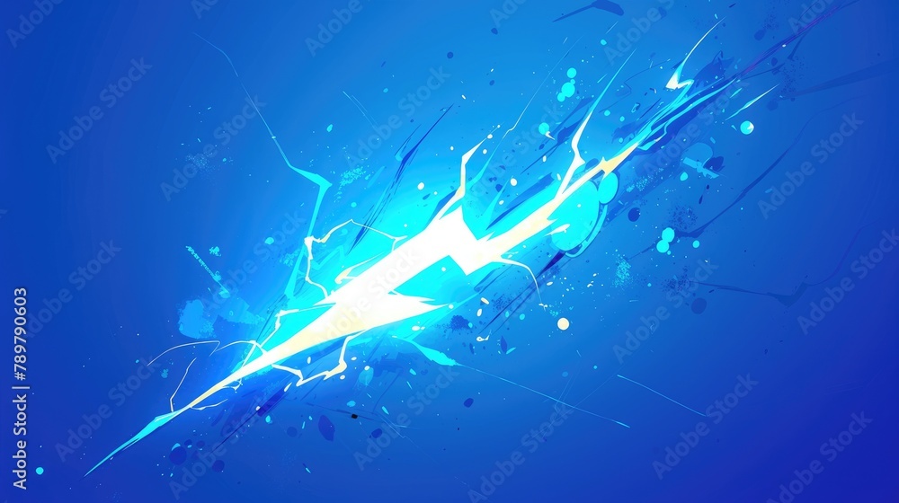 Poster a cartoon blue thunderbolt crackling with sparks and lightning icons stands out against a plain back