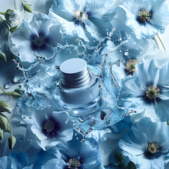 Azure petals embrace a bottle of aqua fluid, surrounded by blue flowers