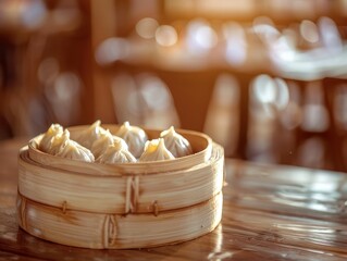 Xiao Long Bao Soup Dumpling Chinese Dinner Bamboo Steamer Chopsticks Background Image
