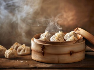 Xiao Long Bao Soup Dumpling Chinese Dinner Bamboo Steamer Chopsticks Background Image