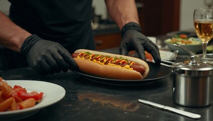 holding a hotdog with black gloves