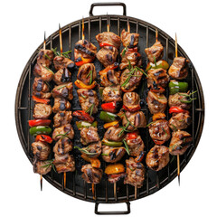 Skewers with shashlik on a grill isolated on transparent background, top view