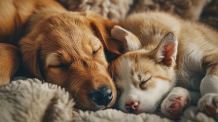 A golden retriever puppy and a kitten sleeping together