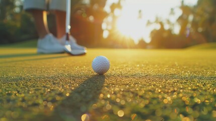 A golfer putting on a green with the sun in the background. - obrazy, fototapety, plakaty