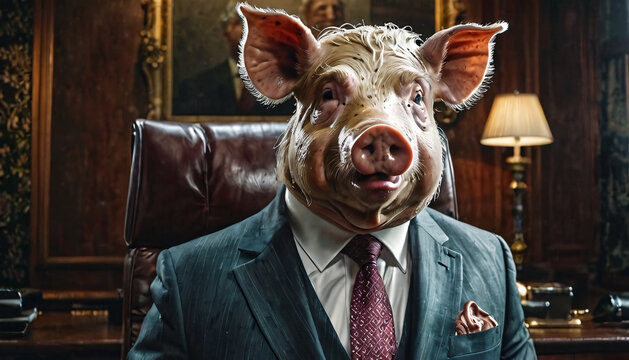 Face of pig in suit and tie greedy analyst.