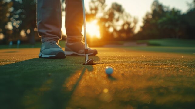 A golfer putts the ball into the hole on the green at sunset.