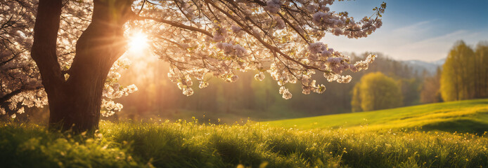 Panorama background on cherry blossoms and a meadow. - obrazy, fototapety, plakaty