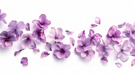 Fototapeta na wymiar Portrait of flying purple petal flower flying in a clean white backdrop with a big space for text or product advertisement perfect for beauty products, Generative AI.