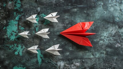 A single red paper plane leading white ones, embodying leadership, direction, and the courage to be different