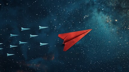 A sleek red paper plane with a shadow resembling a rocket, propelling ahead of white planes against a starry night sky