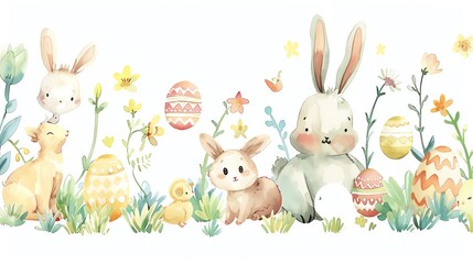 Obraz premium A whimsical, watercolor illustration featuring a group of happy animals celebrating Easter, including a bunny, a chick, and a lamb They are surrounded by colorful Easter eggs and spring flowers Each a