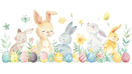 A whimsical, watercolor illustration featuring a group of happy animals celebrating Easter, including a bunny, a chick, and a lamb They are surrounded by colorful Easter eggs and spring flowers Each a