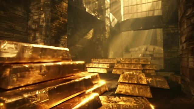 A hazy backdrop of stacked gold ingots in a fortified vault creating a sense of wealth and stability in a visually alluring way. .