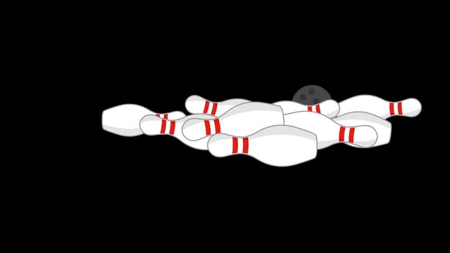 video animation of bowling ball and pins making a strike game, on a transparent background with zero alpha channel
