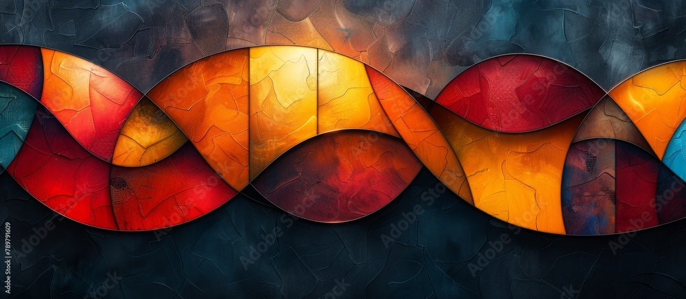 Poster vibrant and dynamic abstract painting featuring a wave of colorful lines against a dark background, 