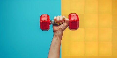 Over a vivid backdrop, a female athlete's hand is seen holding a vivid dumbbell and training apparatus and space, Generative AI.
