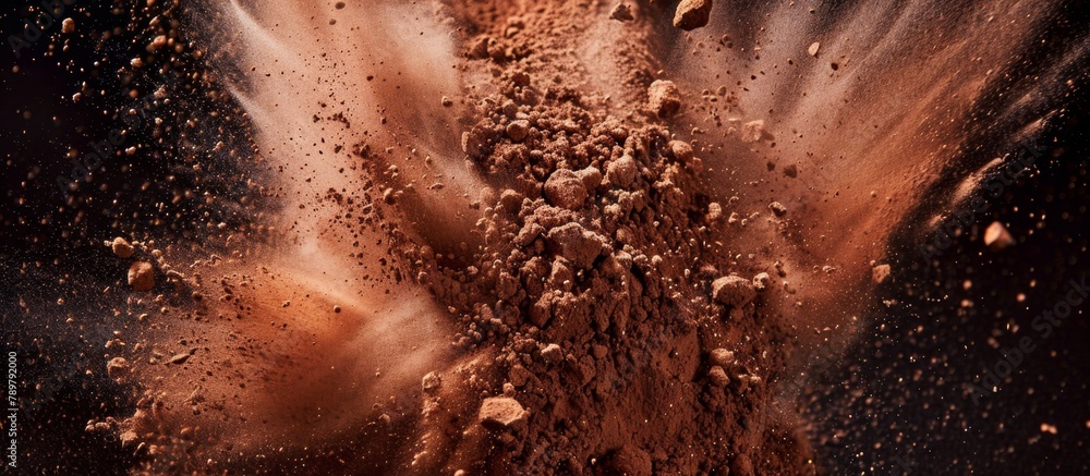 Poster detailed view of a mound of soil with a backdrop of black color, showing texture and composition