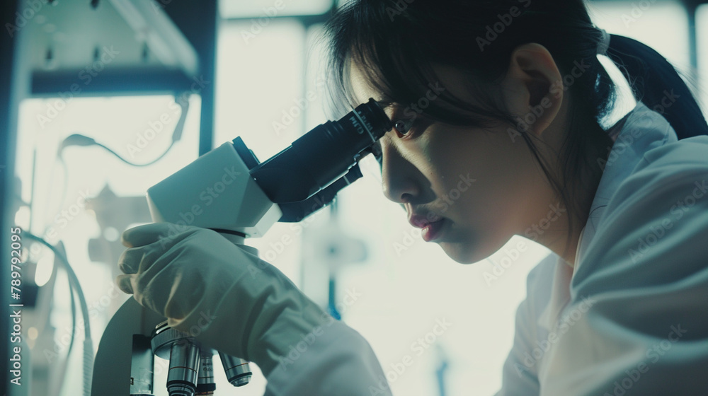 Poster female scientist looking through microscope while working in laboratory.