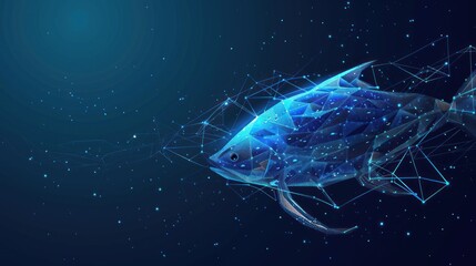 Dorado fish, marine product source of omega 3, from futuristic polygonal blue lines and glowing stars for banner, poster, greeting card. AI generated - obrazy, fototapety, plakaty
