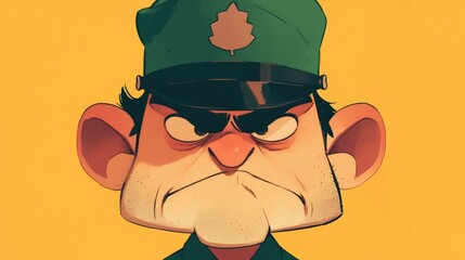 A cartoon emoticon depicting the fierce expression of an enraged drill sergeant scout leader or forest ranger - obrazy, fototapety, plakaty