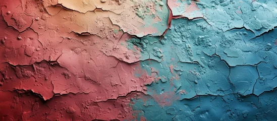 Foto op Canvas Peeling layers of vibrant paint exposed on an old wall, revealing a colorful and textured surface © LukaszDesign