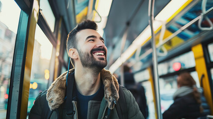 Below view of happy man commuting by public transport.