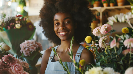 Happy African American woman working as florist at flower shop and looking at camera. - obrazy, fototapety, plakaty