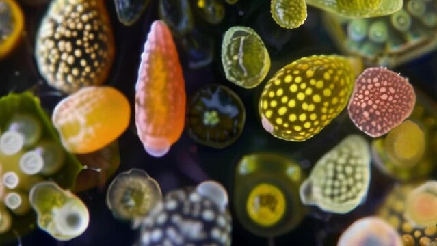 A of different pollen grains from various plants each with a unique shape and size. Some are elongated and pointed while others are . AI generation.