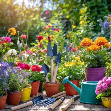 a set of gardening tools neatly arranged alongside colorful flowerpots in a sun-drenched garden. The vibrant blooms and lush greenery create a picturesque backdrop for the scene, evoking a sense of tr