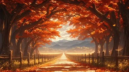 Fototapeten In autumn, the leaves on both sides of an orange tree alley © akimtan