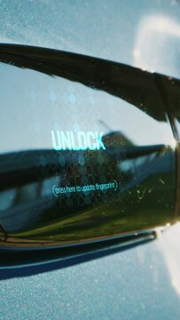 Close up shot of a woman using fingerprint reader to unlock car. Vertical shot