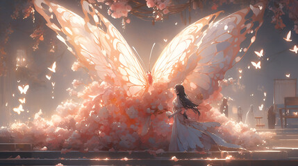 Holy light butterfly angel gril, butterfly wings, Chest Shot(MCU), in the style of rococo pastel hues - obrazy, fototapety, plakaty