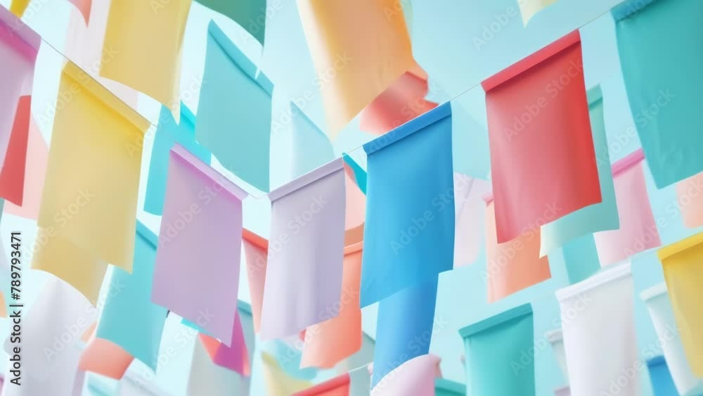 Poster a collection of blank flags suspended from a ceiling and creating a playful and colorful display. .