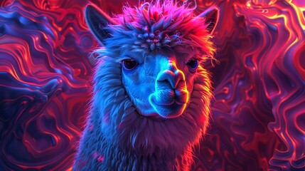 Neonlit alpaca, glowing with phantasmal iridescent tones, amidst a backdrop of psychic wave patterns - obrazy, fototapety, plakaty