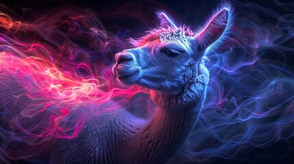 Iridescent alpaca under neon glow, surreal and mystical, highlighted by flowing psychic waves - obrazy, fototapety, plakaty