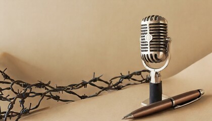 World press freedom day concept. 3 may. A microphone and a pen made of paper, as a symbol of...