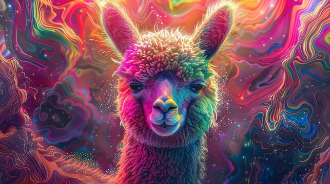 Neonlit alpaca, glowing with phantasmal iridescent tones, amidst a backdrop of psychic wave patterns