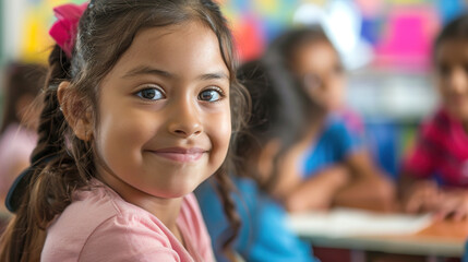 Happy Hispanic girl learning during class at elementary school and looking at camera.