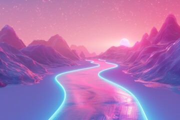 Neon river meandering through a pink-hued alien landscape with starry sky and rising moon.