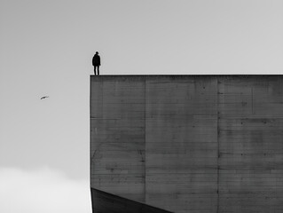 Minimalist black and white photography of an isolated man on a roof,with flat walls and horizontal lines, in the style of Leica Q2 Monochrom.  - obrazy, fototapety, plakaty