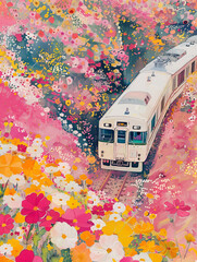 spring day, water colour digital illustration painting, A white train ran through the flowers., many many many many colorful flowers,Crystal pink and yellow colors