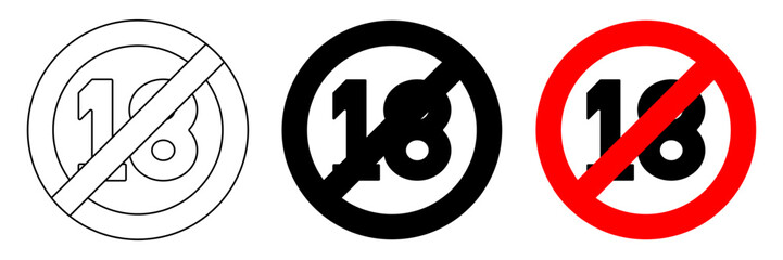 set of sign circle icons under 18 years old are not allowed. vector number eighteen crossed. isolated design on white background.