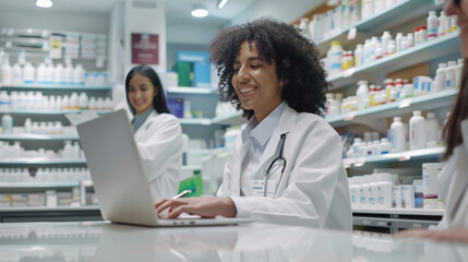 Happy pharmacist using laptop while her colleagues is taking notes in pharmacy.