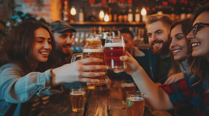 A group of friends are sitting in a bar, drinking beer and laughing. - obrazy, fototapety, plakaty