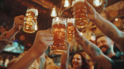A group of people are toasting with beer mugs in a bar.