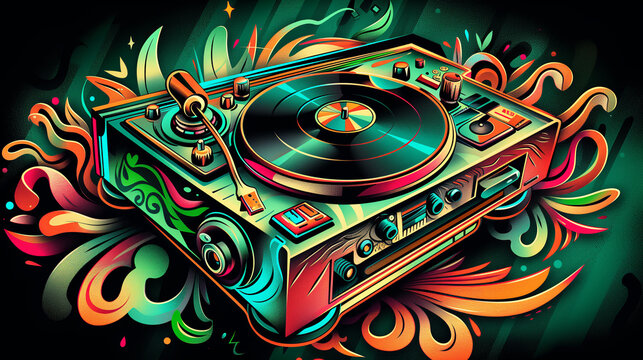 Vintage colorful turntable record player illustration. Generative AI
