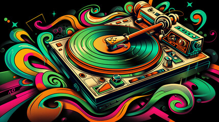 Vintage colorful turntable record player illustration. Generative AI